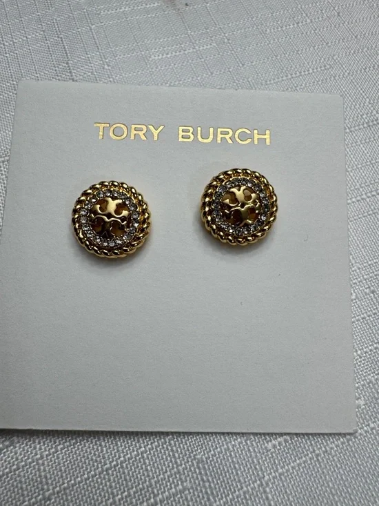 Tory Burch Gold-Tone Logo Crystal Round Stud Earrings - Picture 4 of 6